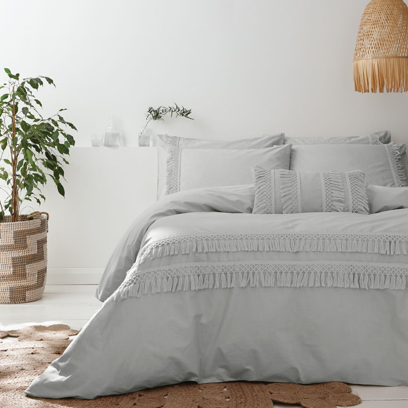 Izmir Cotton Tassel Duvet Cover Set, Double - 2 Standard Pillowcases, Silver