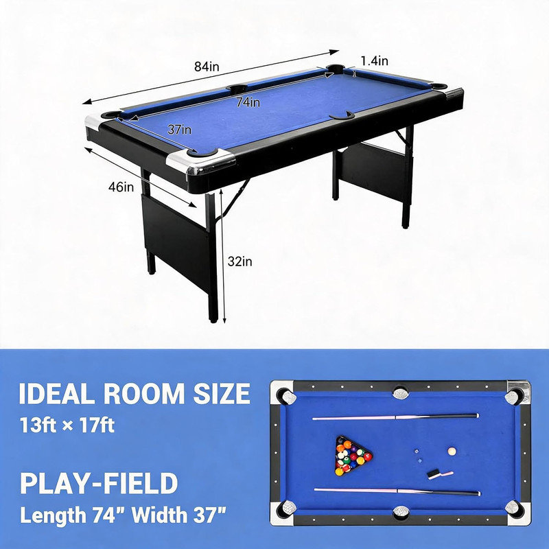 Table de billard portative pliable de 7 pi avec jeu complet de boules, 2 bâtons, craie et brosse, table de jeu de billard pour la salle de jeu