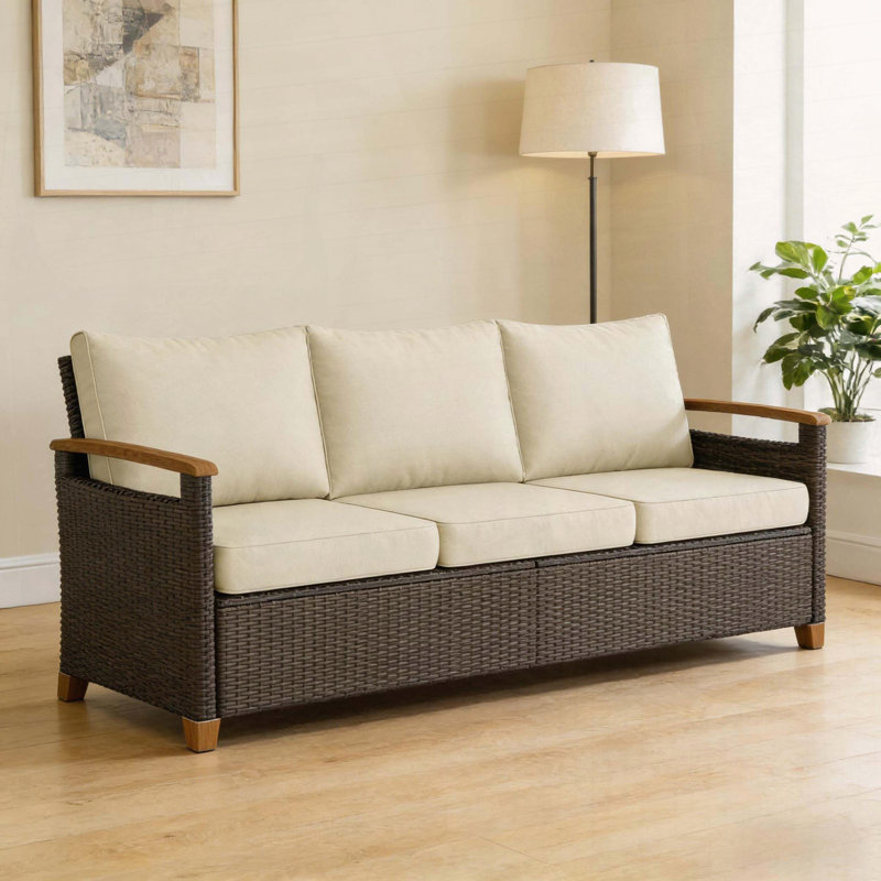 Canapé d'extérieur en osier à 3 places avec siège large et profond en osier, Beige