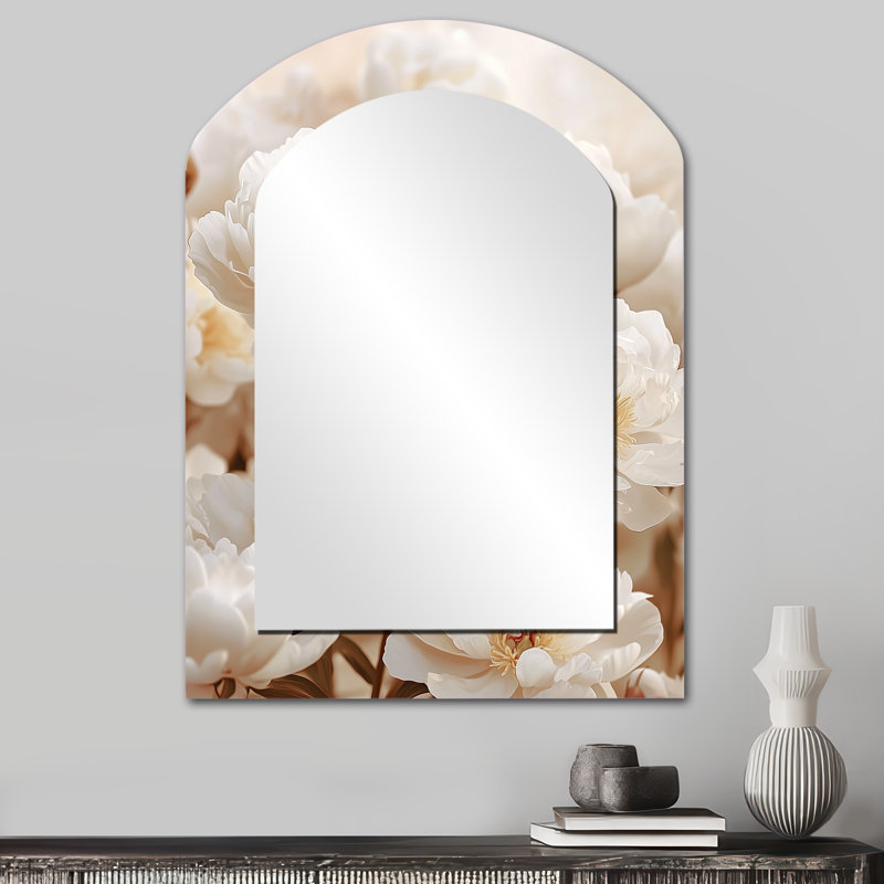Peonies At The Chicken Feeder - Peonies Arch Decorative Mirror, White Asymmetrical Wall Mirror, Printed Metal Art, 34" x 25"