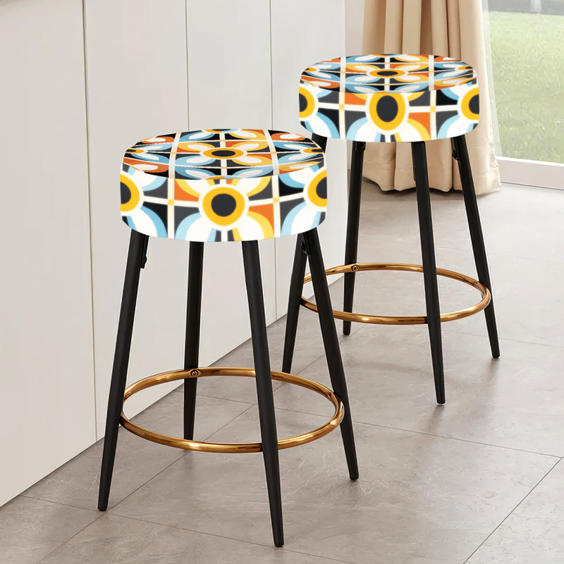 Ensemble de 2 tabourets de bar géométriques orange et bleu rustique