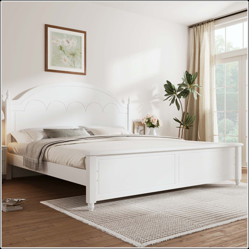 Cadre de lit très grand en bois - Tête de lit arquée au design classique, Blanc, Très grand lit