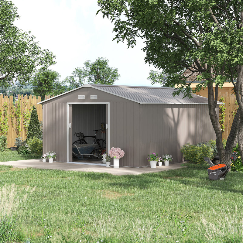 Outsunny 13 x 11ft Metal Garden Shed, Outdoor Storage Tool House with Ventilation Slots, Foundation Kit and Lockable Double Doors, Grey