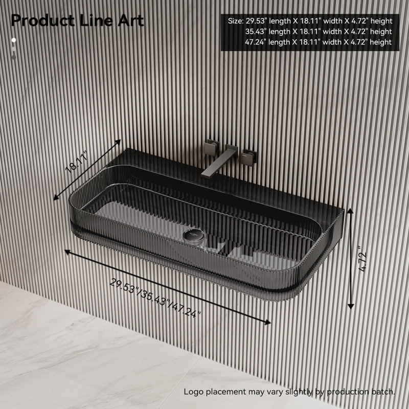 Lavabo de salle de bain mural cannelé en résine 35 po x 18 po MonBlari, 35.43" L X 18.11" W X 4.72" H", Clear Black