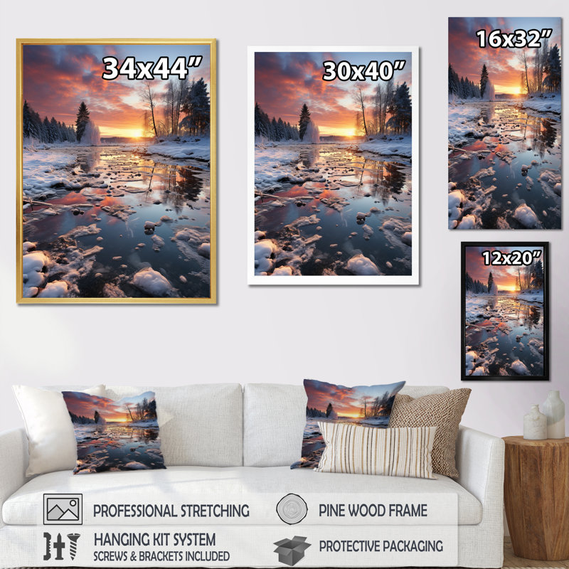 " Winter Sunset Snowfall II ", 32" H x 24" W x 1" D, Gray Single Picture Framed