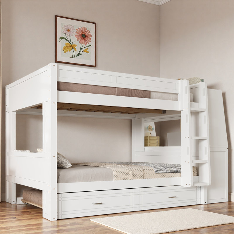 Lit superposé multifonctionnel avec bureau, étagères et lit gigogne, Blanc