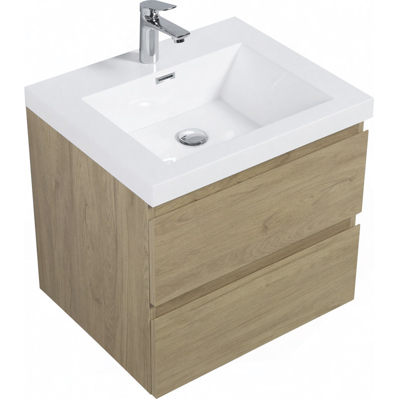 Meuble-lavabo flottant avec lavabo, meuble-lavabo mural moderne avec lavabo en résine et tiroirs à fermeture en douceur