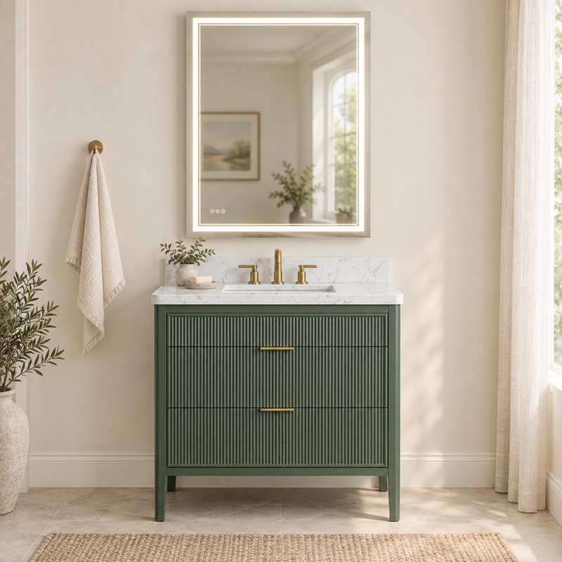 Meuble-lavabo sur pied gris mat de 91 cm (36 po) avec lavabo intégré et miroir de courtoisie à DEL de 91 x 122 cm (36 x 48 po).