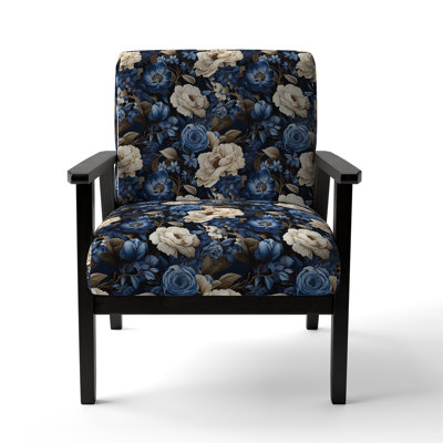 Cobalt Blue Scrollwork Swirls Victorian Pattern II - Upholstered Floral Accent Chair