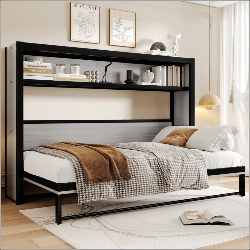 Lit escamotable simple avec tablettes, Gris