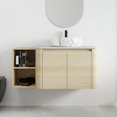 Ensemble de meuble-lavabo mural simple 42 po avec lavabo en céramique et tablettes Greythor, ensemble de meuble-lavabo simple 42 po avec plateau en pierre reconstituée