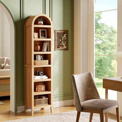 Tall Narrow Arched Etagere Bookcase, 7-Tier Open Wooden Display Shelving Unit, Freestanding Vertical Storage Rack for Living Room, Entryway & Bedroom
