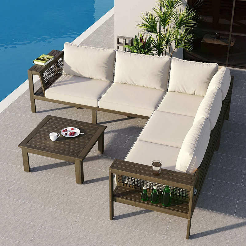 Ensemble de 4 canapés d'extérieur en bois d'acacia, accoudoirs en filet tissé, ensemble de canapé de patio en forme de L avec table basse, ensemble de conversation d'extérieur avec coussins beiges et table d'appoint