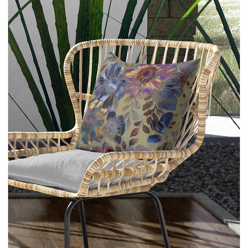 Coussin intérieur / extérieur Painted Petalscape, Vert / Beige / Mauve, Carré 16 po
