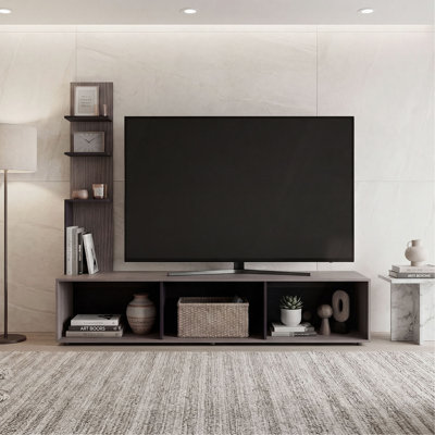 Meuble audio-vidéo pour téléviseur de 65 pouces - Meuble télé avec grande tour latérale et 3 colonnes de présentation ouvertes - Console multimédia de salon moderne