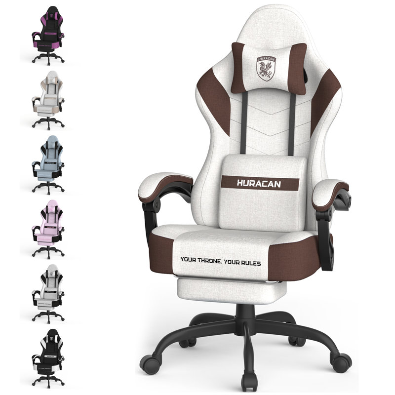 Luxvie Linen Fabric Gaming Chair with Footrest Ergonomic Computer Chair with Massage Lumbar Pillow, Gamer Chair with Adjustable Headrest, Comfortable Office Chair for Home & Gaming, Beige&Brown