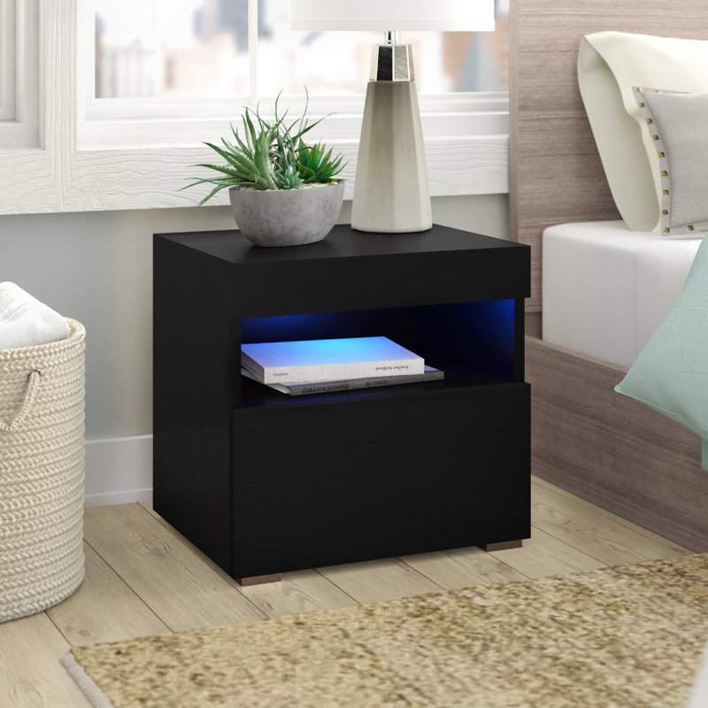 Aquilar 20" Nightstand with 16-Color LED Lighting, High Gloss Finish, Wall-Mounted, Black