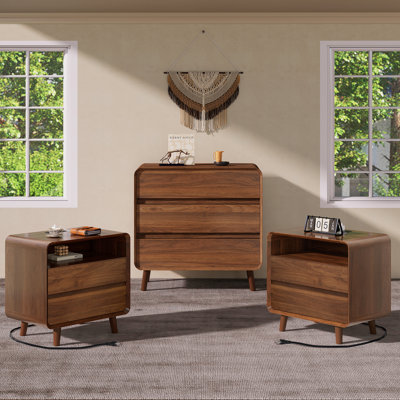 Ensemble de commode et table de chevet en bois de noyer, commode 3 tiroirs pour la chambre à coucher, ensemble de table de chevet de 2, ensemble de chambre classique