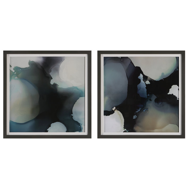 Modern Blue and Amber Abstract Framed Prints Set