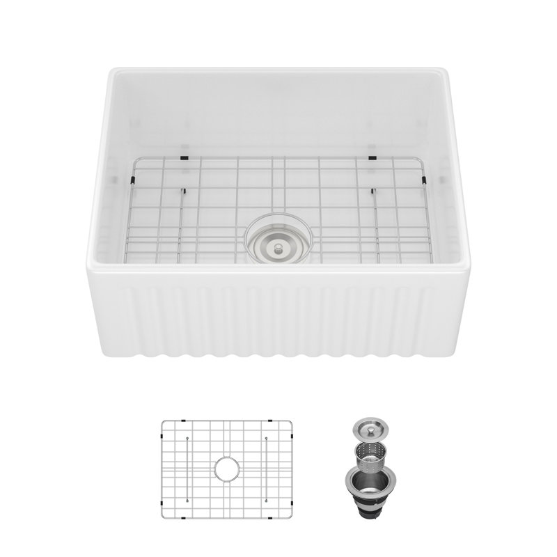 24'' L x 18'' W Ceramic Farmhouse Kitchen Sink with Sink Grid and Strainer,  Easy Clean