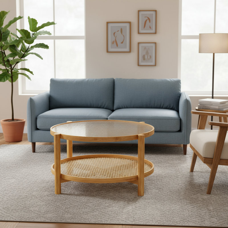 Modern Round Double-layer Coffee Table (natural Color), Rattan Body + Bamboo Frame, Glass Tabletop + Pvc Rattan Storage Shelf, Suitable For Living Room & Office Scenarios