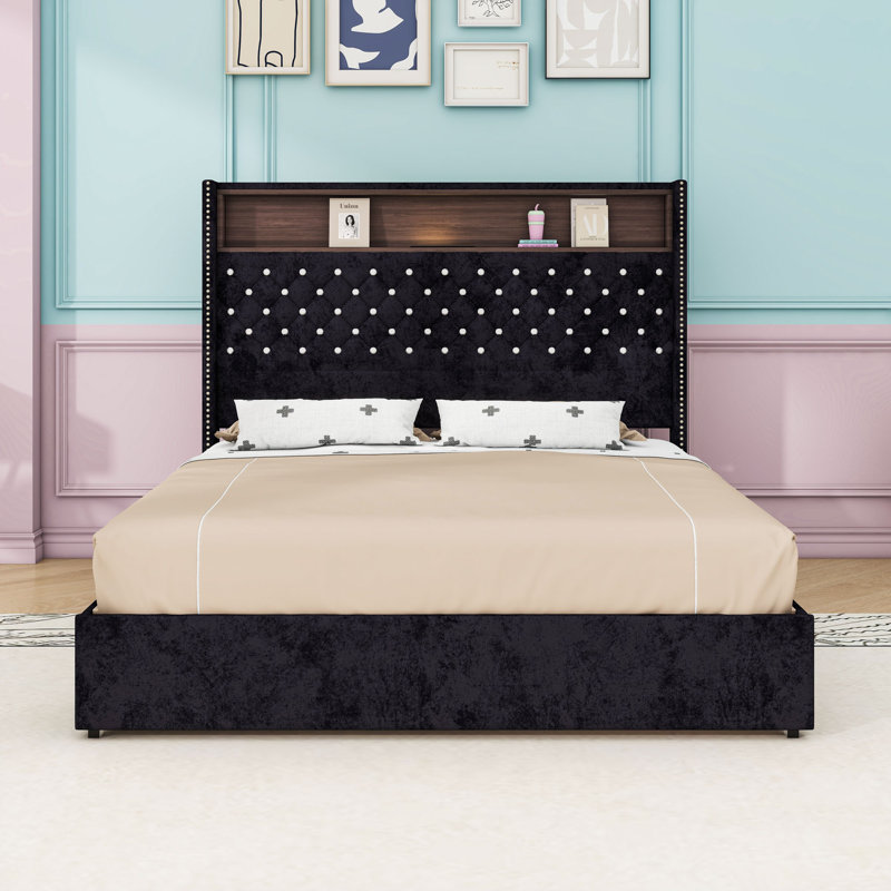 Lit plateforme en bois avec tête de lit capitonnée, ports de charge USB, lumière et tablette, Grand lit, Noir