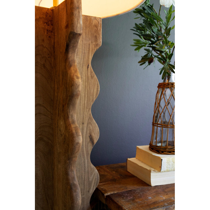  Wavy Mango Wood Floor Lamp with Fabric Shade Decorative Accent Lighting for Small Spaces Living Room Natural Wood Finish