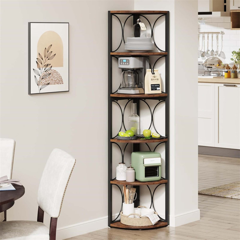 6-Tier Rustic Corner Bookshelf Storage Rack, Maximizes Small Space With Durable Design And Versatile Shelving For Living Rooms