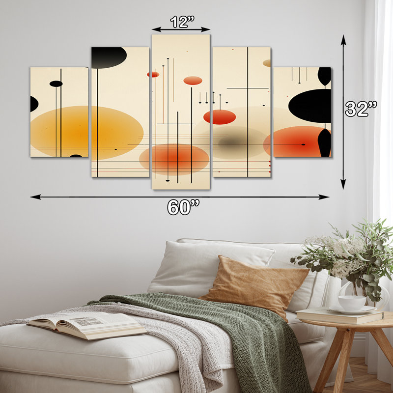 Pleine lune, minimalisme en rétro II, art mural géométrique moderne, salon, 5 panneaux