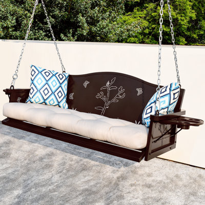 3-Seat Metal Porch Swing 900 Lbs  Hanging Bench With Upgraded Tray & Cushions Rust-Resistant Finish Swing Chair With 8.9Ft Chains
