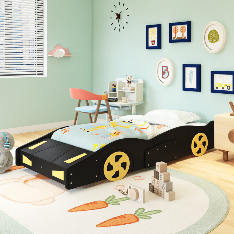 Wood Frame Twin Size Race Car-Shaped Platform Bed With Wheels And Storage, Twin, Black