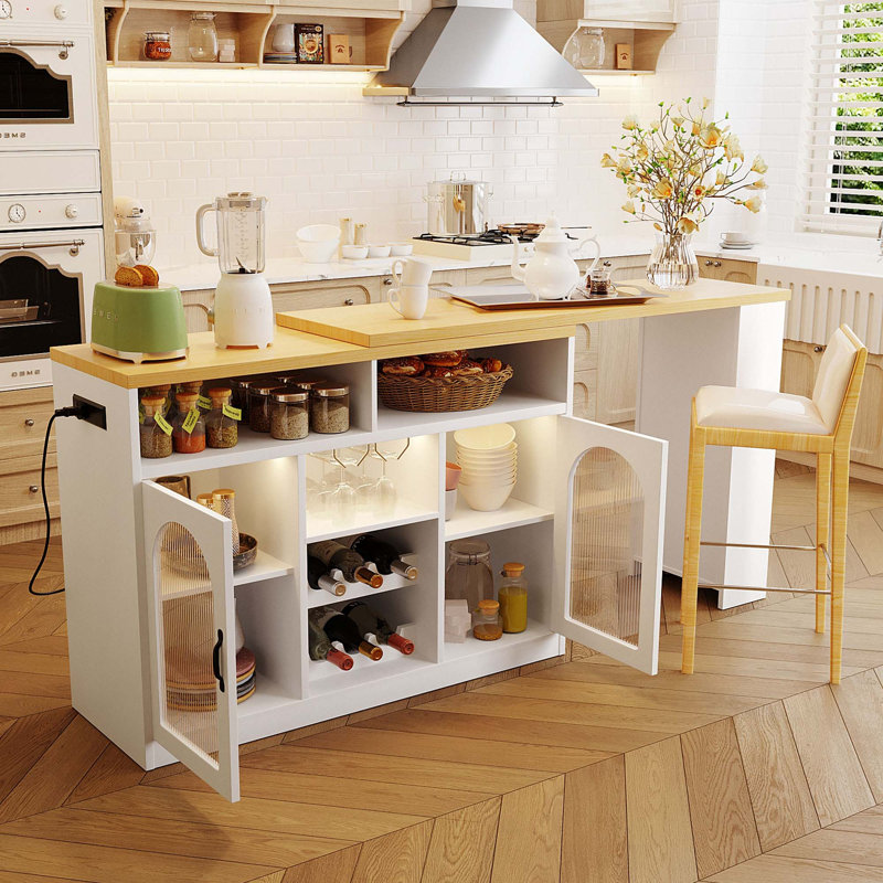 Buffet avec plateau de table extensible et support à vin, éclairage DEL couleur et prise de courant à gauche, Naturel / Blanc