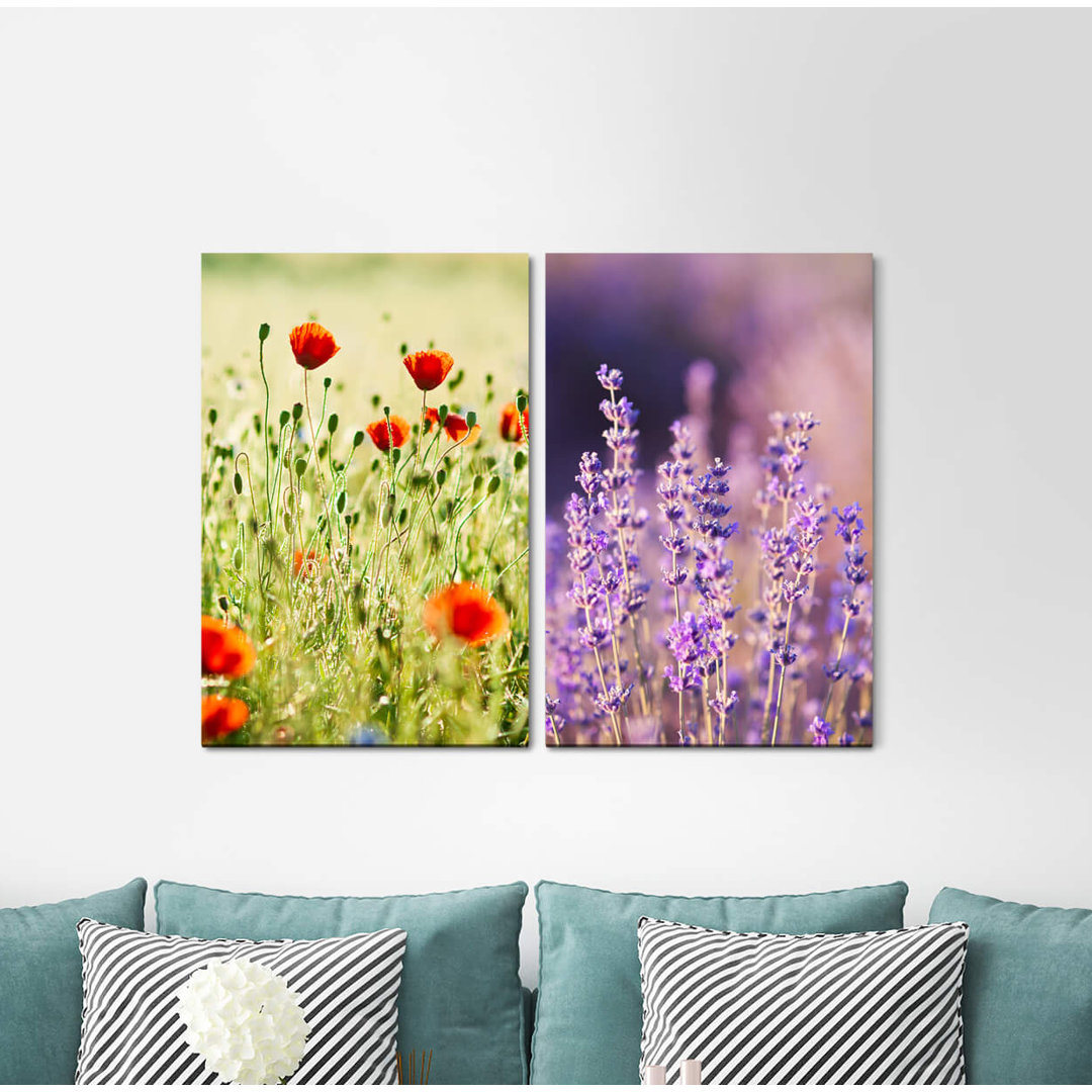 2-tlg. Leinwandbilder-Set - Grafikdruck „Summer Poppies Lavender Summer Meadow Sunshine Relaxing Flowers”