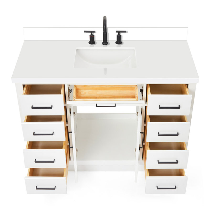 Ensemble de meuble-lavabo simple en bois massif 48 po avec lavabo en quartz blanc 1,5 po Tidworth, Blanc, Forme rectangulaire