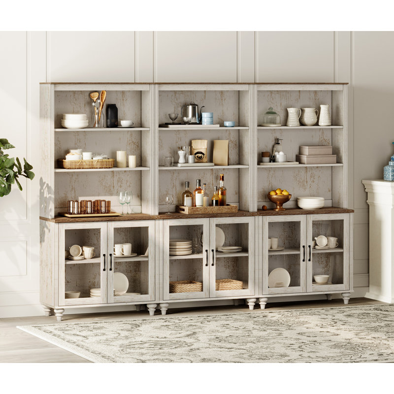 Sideboard Cabinet With Bar Hutch, Buffet Cabinet With Glass Doors And 5 Tier Shelve, 101'', Rustic White