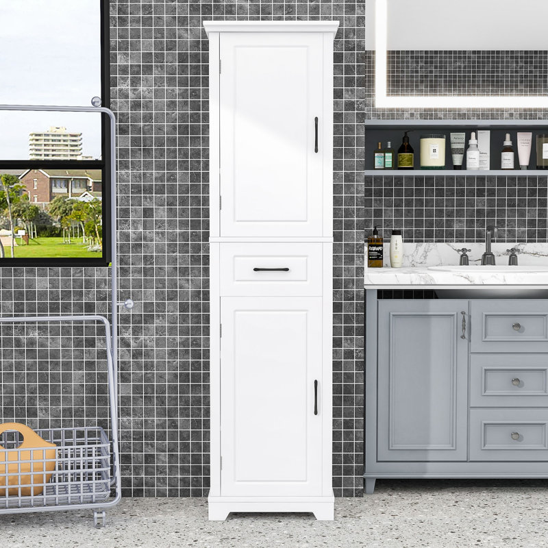 Minimalist Bathroom Storage Cabinet with Drawer, Adjustable Shelves and Anti-Toppling Design, White