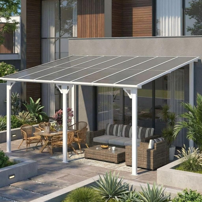 10x14Ft Wall Mounted Gazebo Hard Top Lean to Pergola with Roof & Gutters-White, White