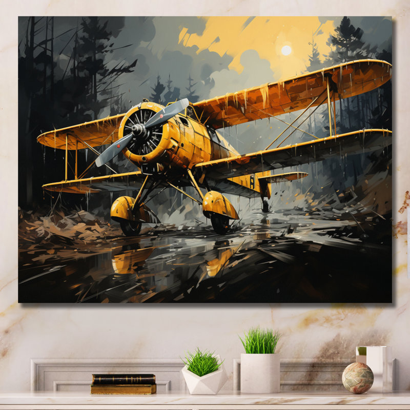 Avion jaune dans la forêt - impressions sur toile de transport, H 16 po x l 32 po x P 1 po, Toile tendue