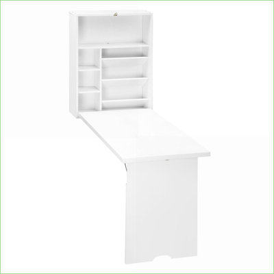 Desks | Modern Fold-Out Wall Mounted Desk with Storage Shelves | White | Engineered Wood