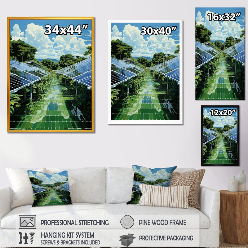 Green Solution Solar Panels Field II - Panneaux solaires, art mural, Cadre flottant doré, H 32 po x l 24 po x P 1 po