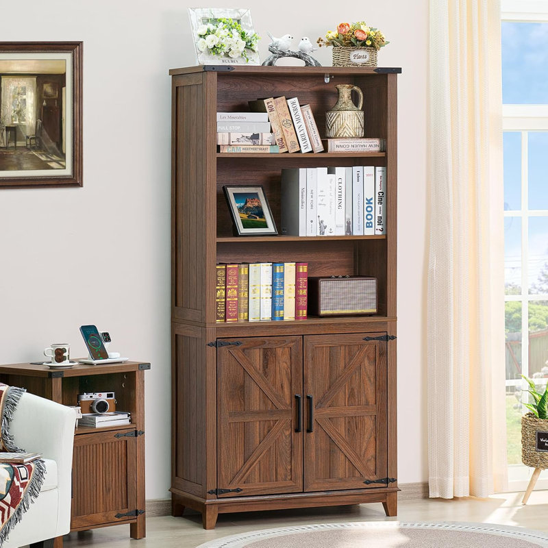 70in Tall Bookshelf 5 Tier Bookcase with Barn Doors and Adjustable Shelves, Farmhouse Book Shelf, Brown