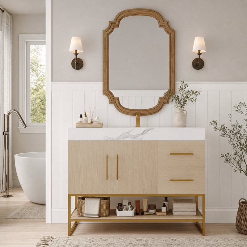 Ensemble de meuble-lavabo simple 36 po avec comptoir en pierre frittée et lavabo en céramique, Chêne + blanc