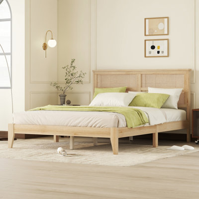 Size Rubber Wooden, Solid Wooden Bed With Rattan Headboard, Enhanced By Support Feet,Oak