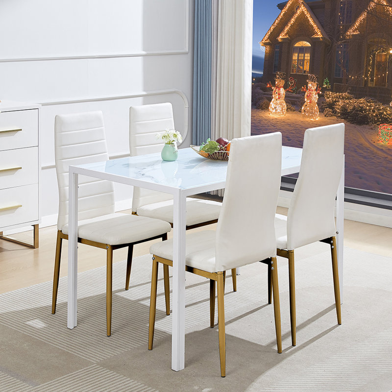 4 - Person Dining Set, White, White/Gold