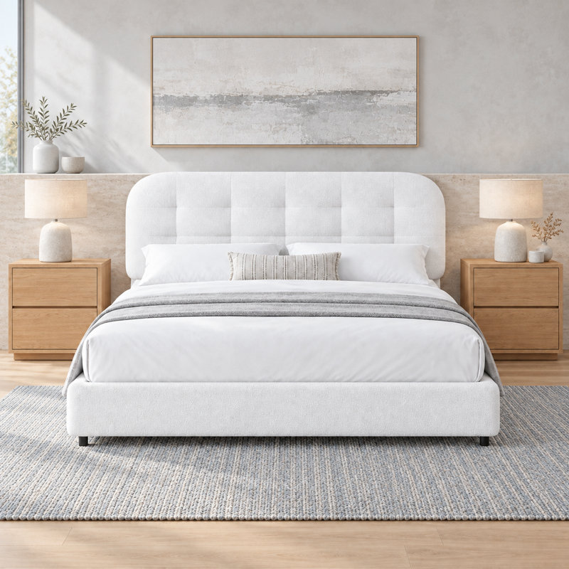 Ensemble de chambre à coucher 3 pièces, lit plateforme tapissier Boucle avec tête de lit capitonnée arrondie et 2 tables de chevet modernes à 2 tiroirs, finition bois de chêne naturel