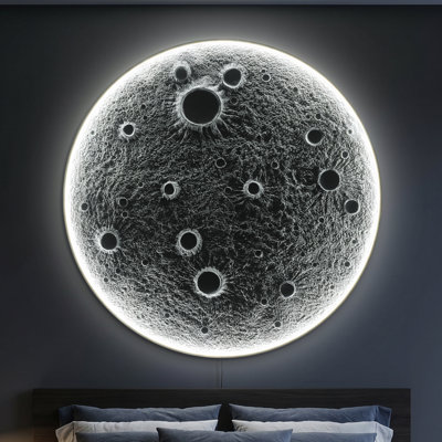 Applique murale de 48 pouces en résine réaliste avec éclairage à DEL à intensité variable avec télécommande, lumière principale de 45 W et veilleuse de 20 W, texture de cratère météorite, décoration murale épaisse de 1,75 po pour la maison et le coin-repas
