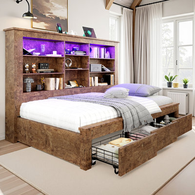 Daybed With Led Headboard, Usb Charging Station And 3 Storage Drawers, Rustic Farmhouse Style by Ivy Bronx
