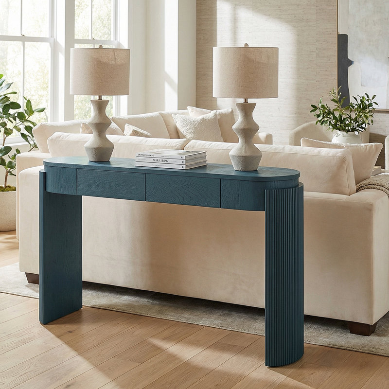 Elegant Oval Console Table With Fluted Details & Storage Drawers For Entryway, Navy