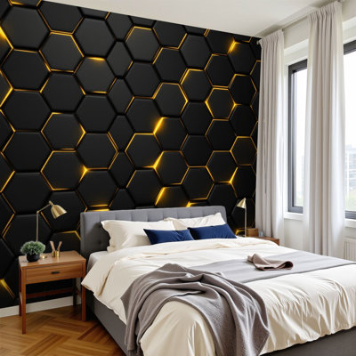 Peel and Stick Wallpaper Hexagon Honeycomb Geometric Black Gold Metallic Glow Modern Luxury Wall Murals 100"H x 144"W Removable PVC Wall Paper Self-Adhesive Wall Decor for Bedroom Living Room Home Office