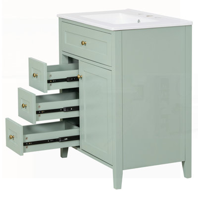 Meuble-lavabo vert avec lavabo, armoire moderne en bois aggloméré et en bois d'hévéa, 3 tiroirs, tablette réglable pour le rangement et l'organisation
